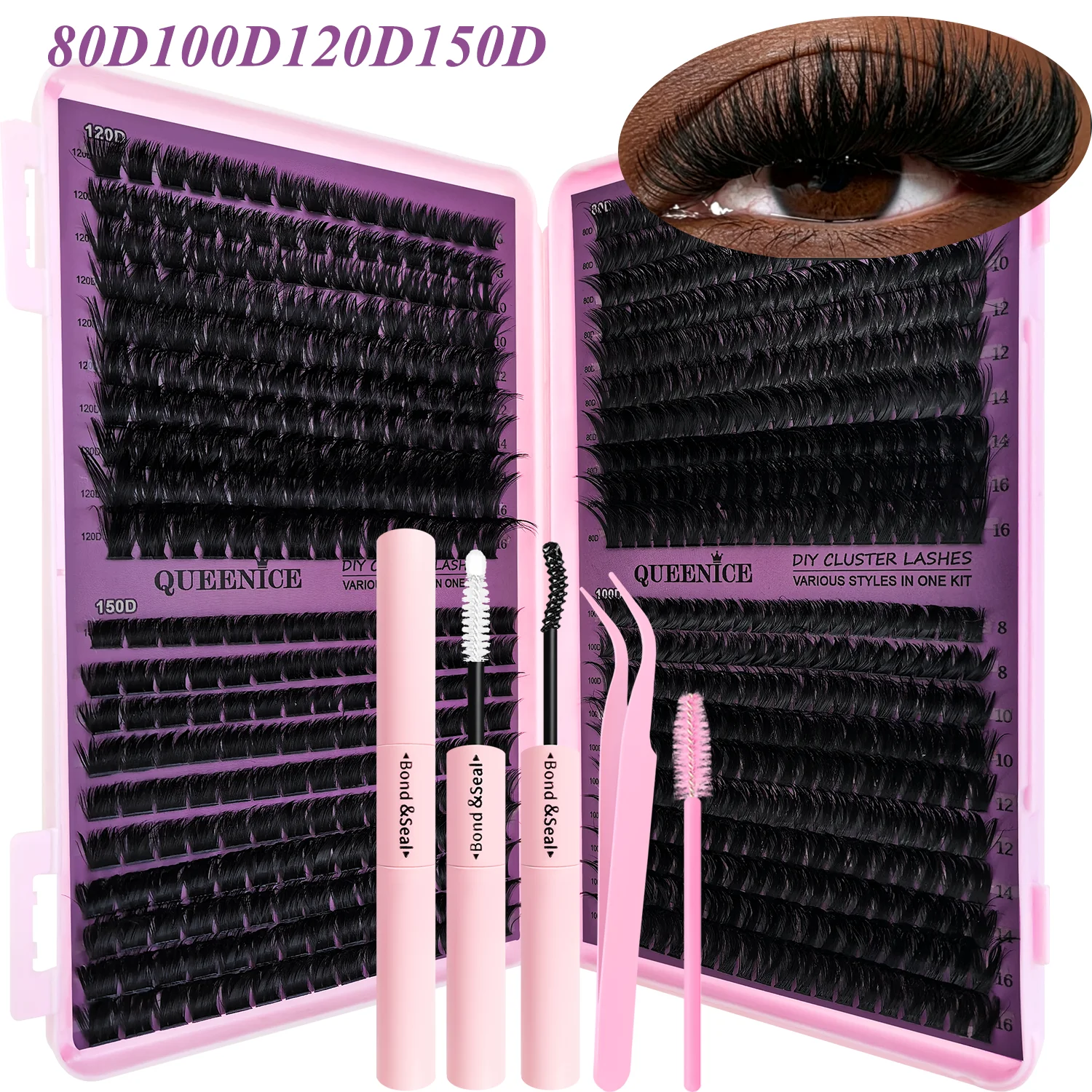DIY Cluster Lashes Kit D Curl 80D 100D 120D 150D Fluffy Lash Clusters 8-16mm Mix With Bond Seal Tweezers