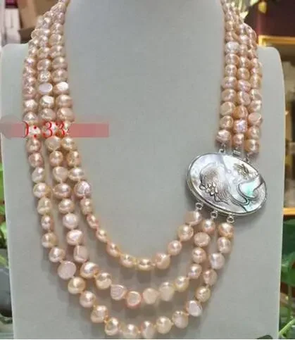 natural 3Rows 8-9mm Australian south sea gold pink pearl necklace & beauty shell flower clasp 17