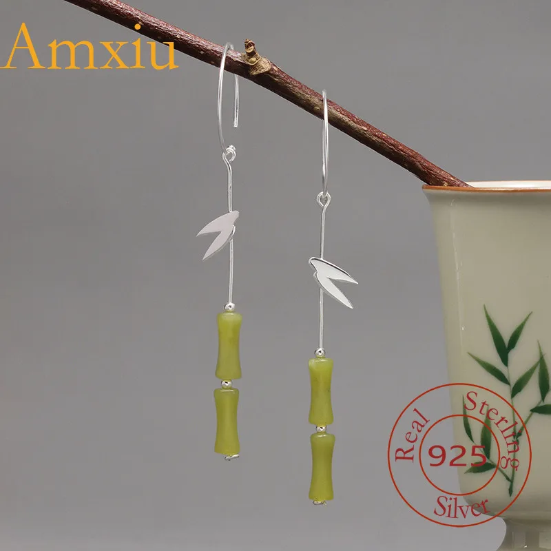 

Amxiu Sterling Silver 925 Original Design Hidden New Chinese Style Leaf Green Stone Bamboo Joint Minimalist Imagery Earrings