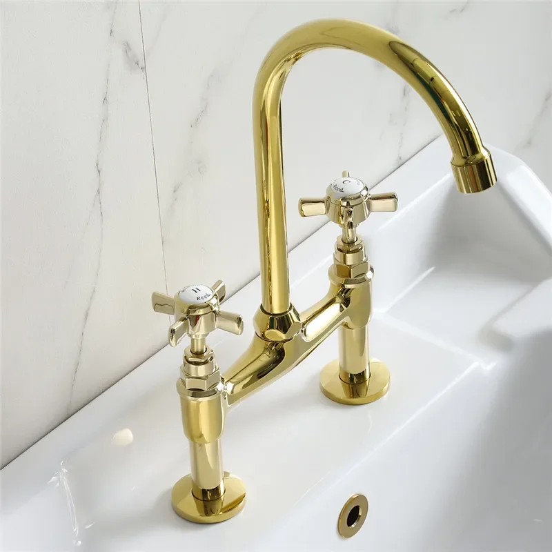 Pot Filler Tap Deck Mounted Rotating Kitchen Faucet Hot and Cold Dual Holes Sink Rotate Spout Gold Brass