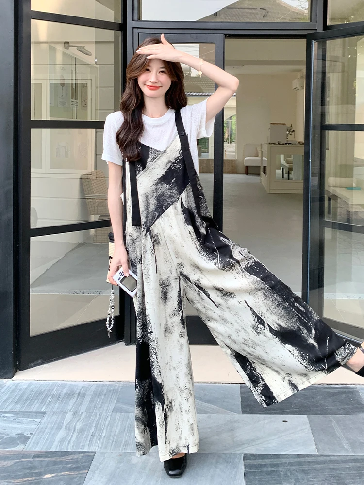 Ele Water-Media imprimé salopette à jambes larges femmes été décontracté ample confortable coréen Sle taille haute jambe droite Trou...