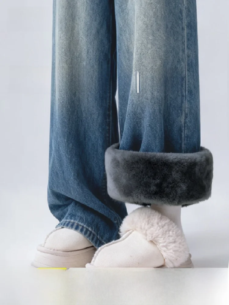 

Warm Fleece Lined High Waist Wide Leg Jeans Women's Autumn Winter New Style SNOW FLYING Casual Comfortable Slimming Pants