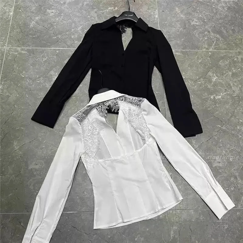

Sexy American Style Lace Splice Hollow out Shirt Women's Spring Autumn New Fashion Backless Versatile Small Top Upper Body