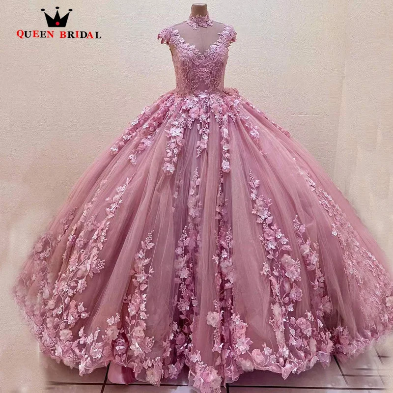 Requintado vestido rosa Quinceanera, apliques florais 3D, vestido de baile, personalizado, LJ36, 15 anos, 2023