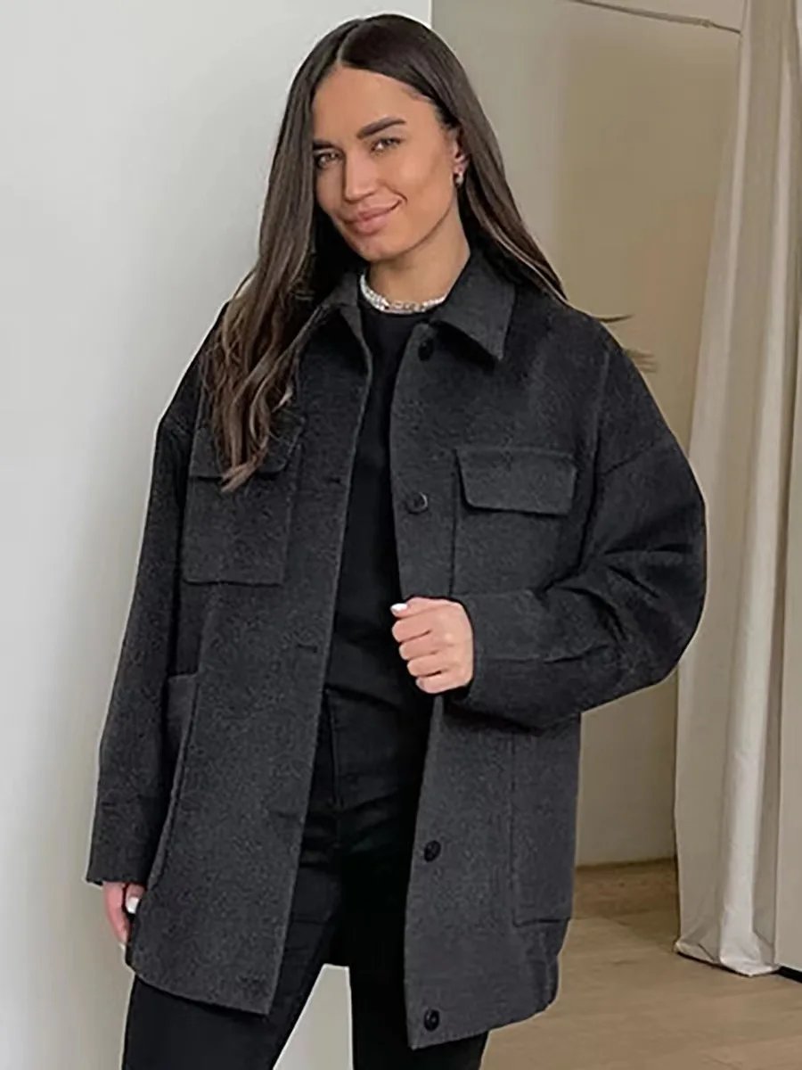 

New Single Breasted Collar Woolen Jaet Simple Design Long Sve Women's Coat Pure Color Autumn Faion Ladies' Outerwear