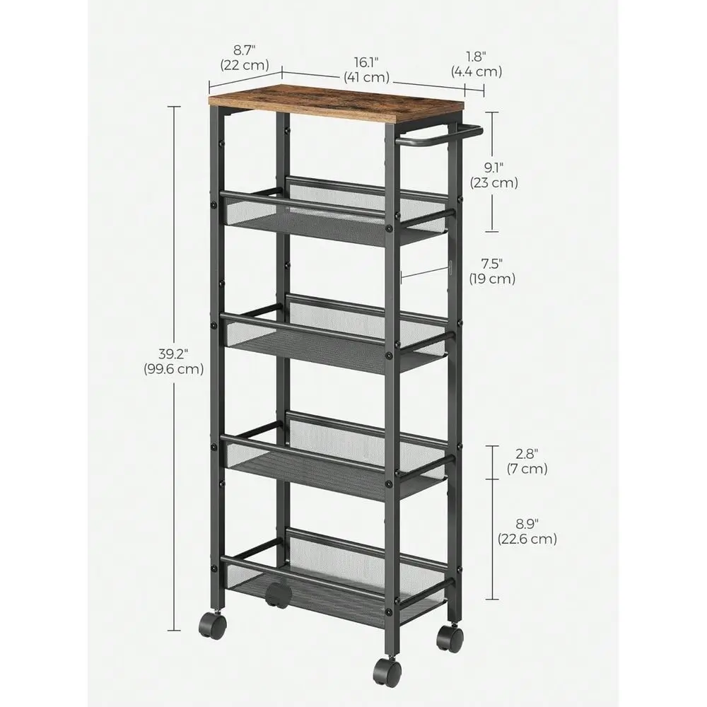 

Slim Rolling Cart, 5Tier Storage Cart, Narrow Cart With Handle, 8.7 Inches Deep, Metal Frame, For Kitchen, Dining Room, Living