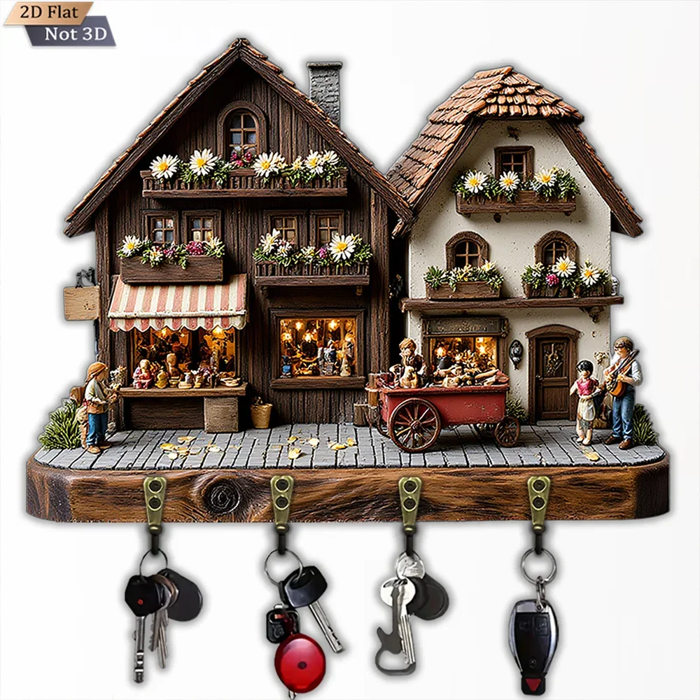2D Flat Vintage Townhouse Key Hook, 1-Pack, Wooden Multi-Functional Home Key Hook with Four Metal Hooks, Wall Decoration, Porch