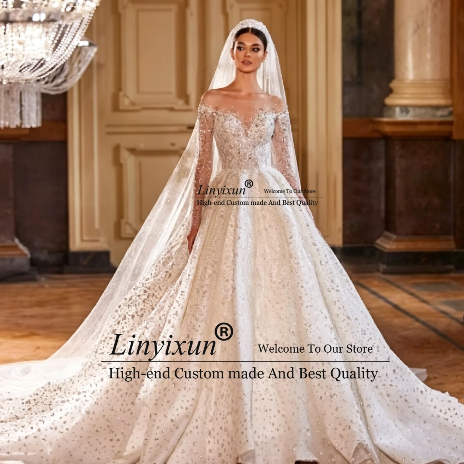 Sparkling Crystals Off-Shoulder Wedding Gown