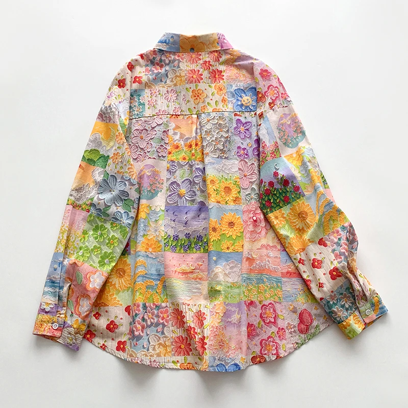 ربيع 2025 المرأة فضفاضة تناسب طويلة Sve القطن الخالص irt عادية خمر النفط اللوحة طباعة تنوعا ملابس مكتب مريحة