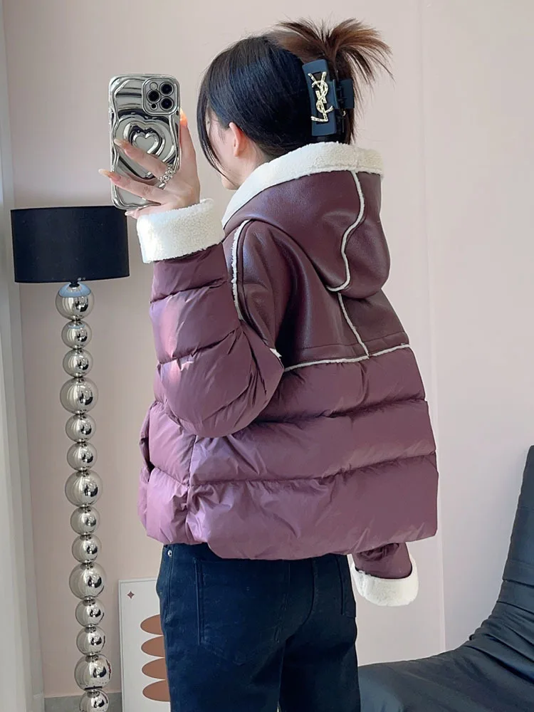 

New Winter Down Coat Women Korean Fashion Short Stitch Contrast Hooded Pu Leather Sheepskin Coat Thick Warm Parkas Outwear 2024