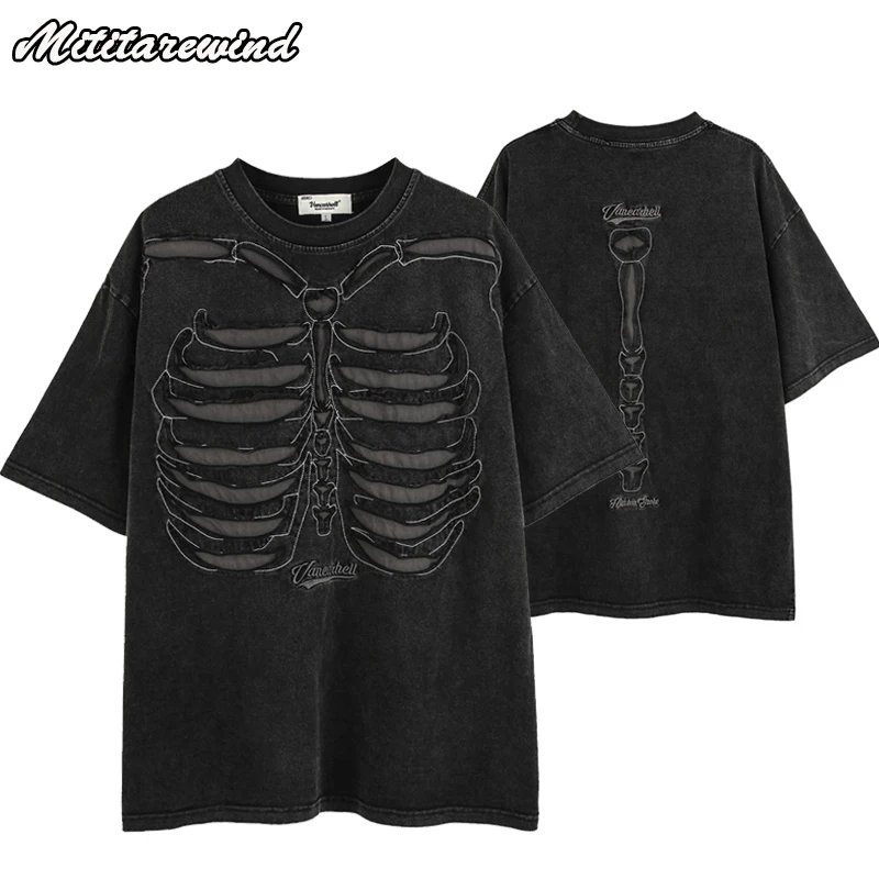 

High Street Summer T Shirt Men and Women Hip Hop Streetwear Skeleton Hole Short Sleeve Round Neck Oversized T Shirts For Couple