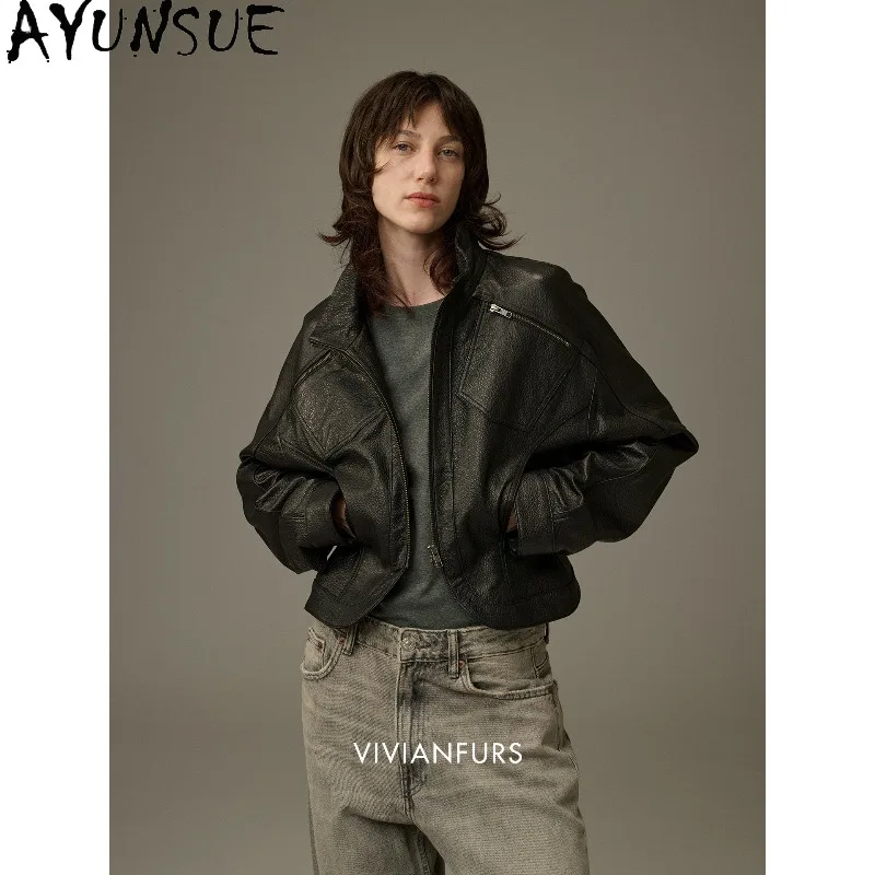 AYUNSUE Sheepskin Real Leather Jacket Woman Casual Short Outerwears Fashion Motorcycle Black Jakcets Woman Clothes Ropa Mujer
