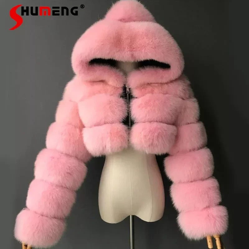 European and American Orange Imitation Fox Fur Hooded Coats Woman Stitching Long Sleeve Pink Fluffy Jacket Commute Faux Fur Coat