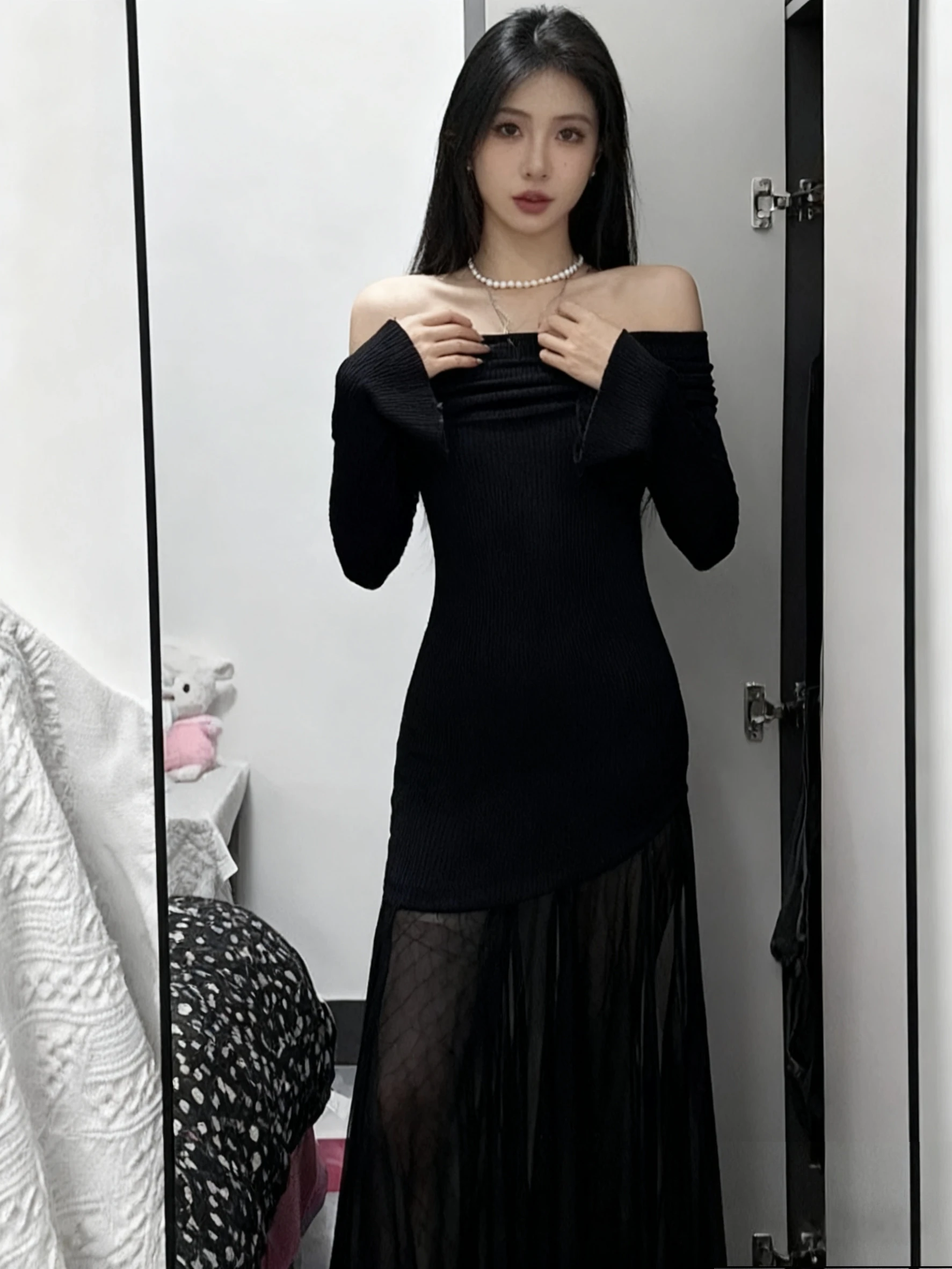 Vestidos de manga comprida das mulheres vestido topos para mulher primavera chiffon cauda manga comprida artístico fora do ombro emendado em camadas y2k