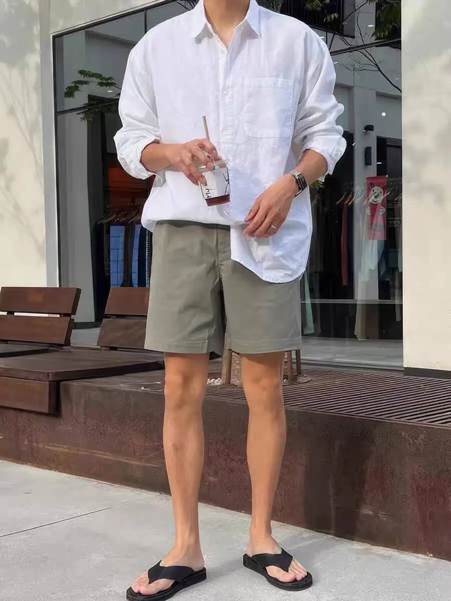 

Свободный крой Long Sve, белый льняной утюг, мужская повседневная драпированная ткань, дышащая морщинистая рабочая одежда с защитой от ультрафиолета irt Youth Trend