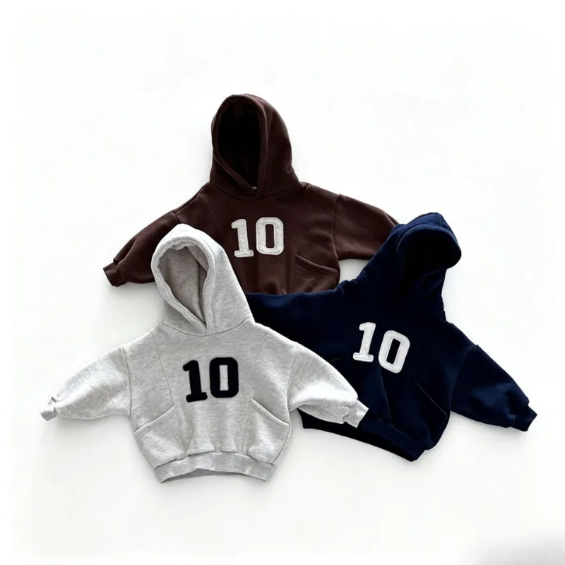 2026 Winter New Children Warm Hoodie Boys Girls Plus Velvet Thick Hooded Sweatshirt Baby Letter Pullover Kids Fleece Tops