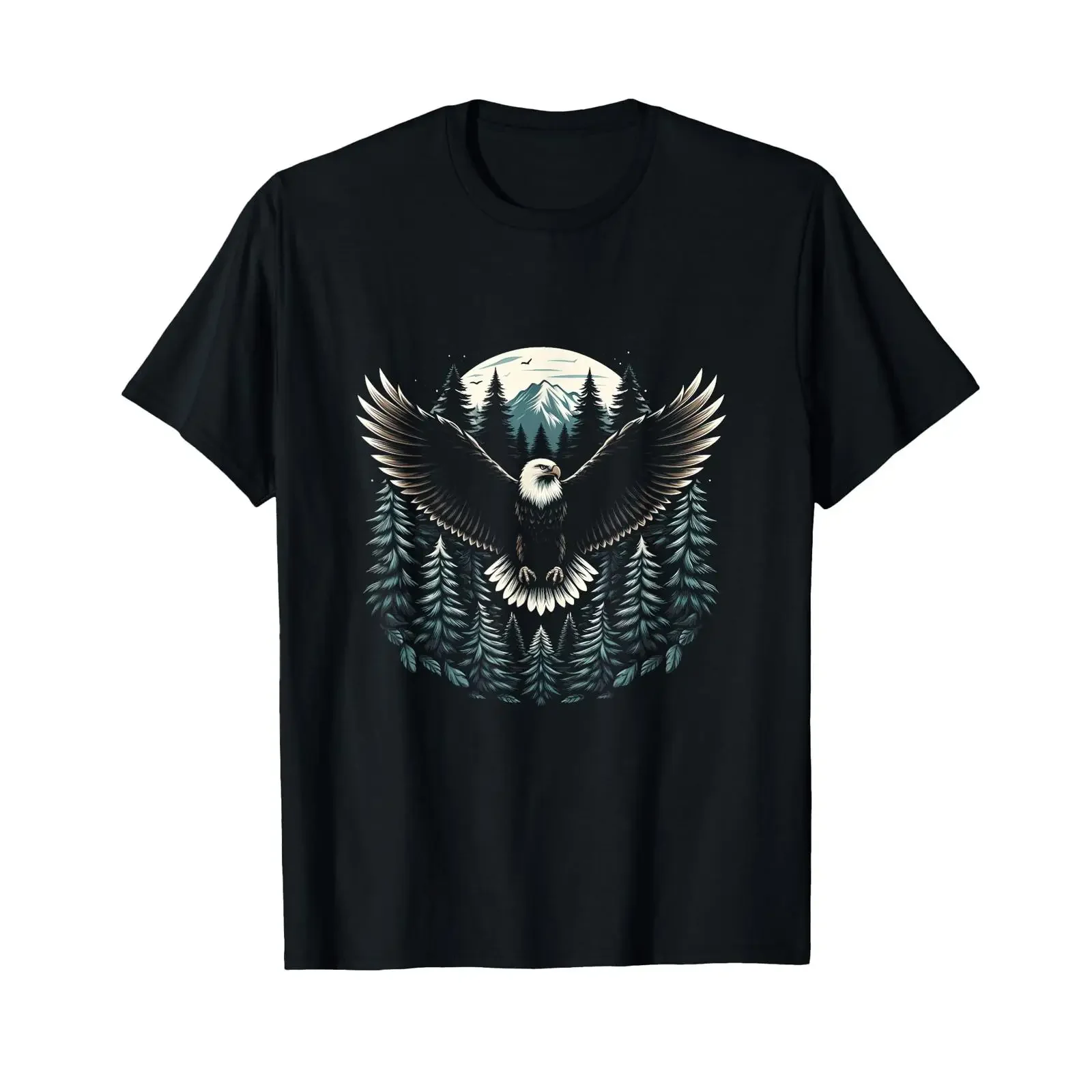 Majesté Eagle Forêt Montagne Lune Animal Wildlife Nature T Shirt vintage Washed fashion Unisex Stretched Slightly streetwear
