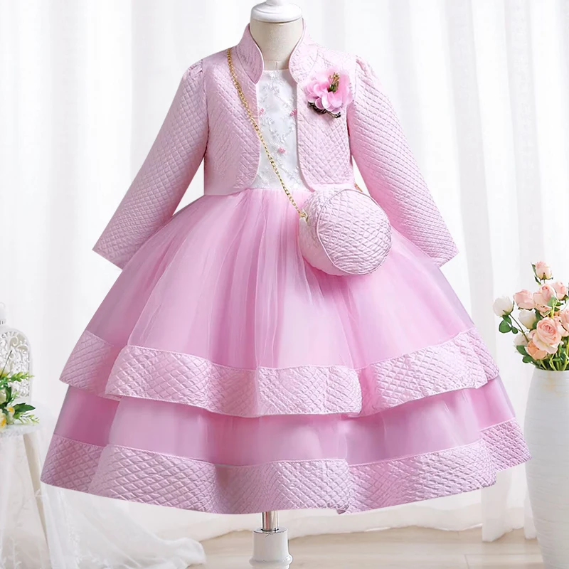 New Autumn/Winter Long Sleeve Party Dress Elegant Girl Embroidery Christmas Performance Dress Gift Bag for Children Aged 3-11