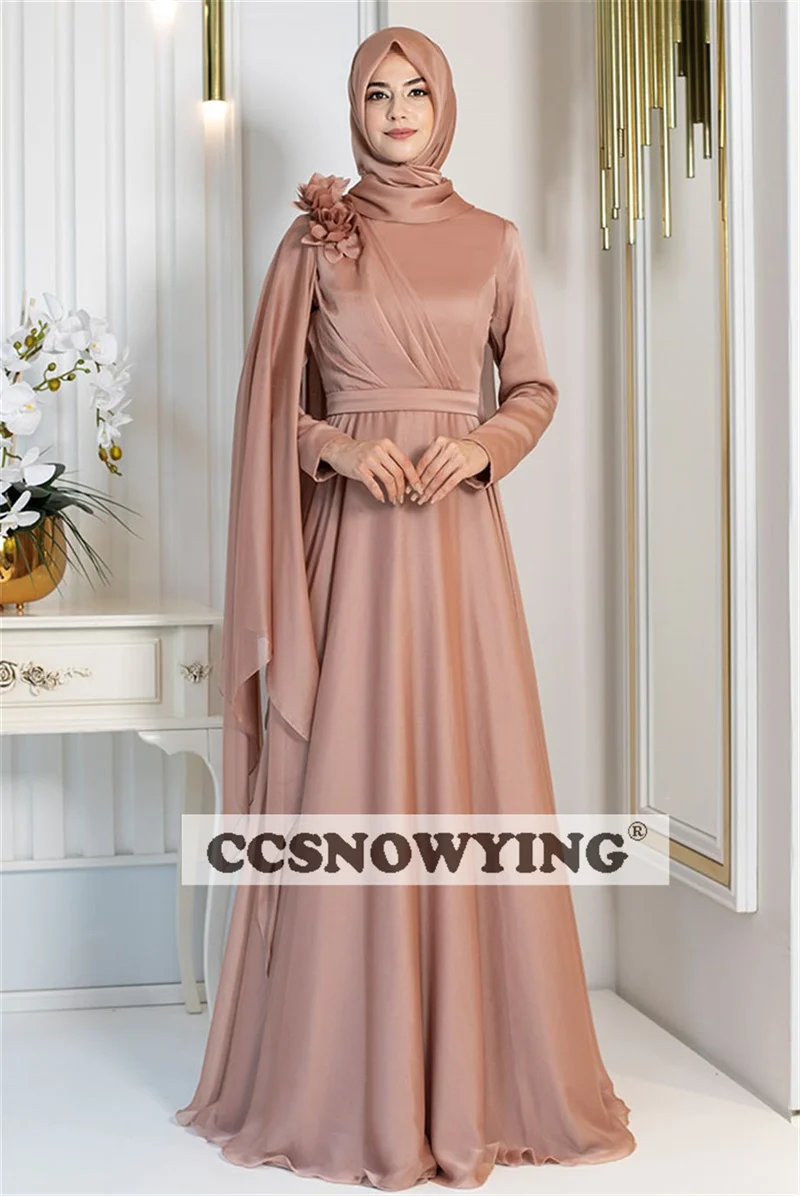 

Chiffon Appliques Muslim Evening Dress Arabic Dubai Long Sleeve High Neck Hijab Prom Formal Party Gown A Line Moroccan Caftan