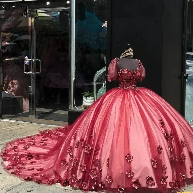 فساتين Quincenara حمراء رائعة فاخرة مع زينة زهور ثلاثية الأبعاد على شكل قلب من Vestidos De 15 Vintage Vestidos Quinceañera 2025 Moder