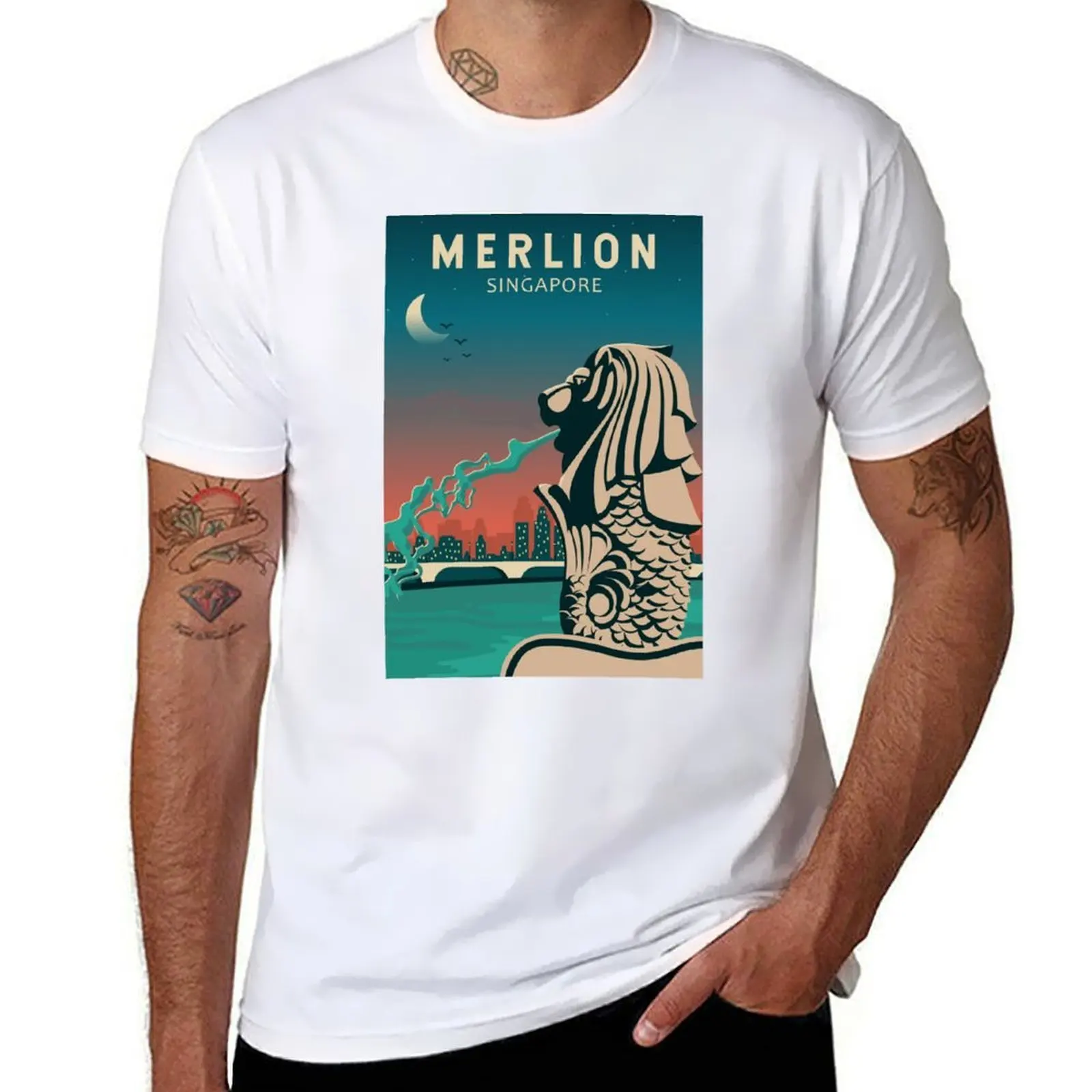 

Merlion Singapore Travel Vintage Art T-Shirt t shirt custom print t shirts for man pack cotton T-Shirt
