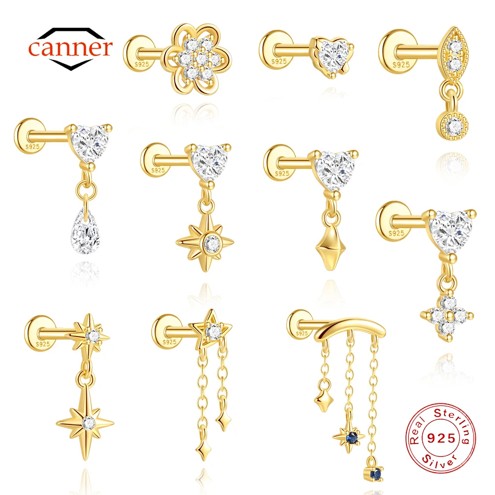 

CANNER 1PC Heart Tassel Chain Eight Pointed Star CZ Cartilage Spiral Piercing 925 Sterling Silver Earring Women Ins Stud Earring