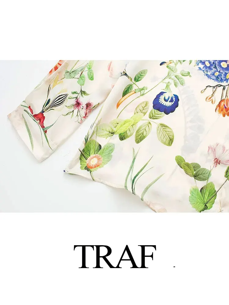 TRAF 2024 Spring Women\'s Fashion Flower Printed Blouse Long Sleeves Loose Lapel Single Breasted Retro Chic Casual Shirt Tops