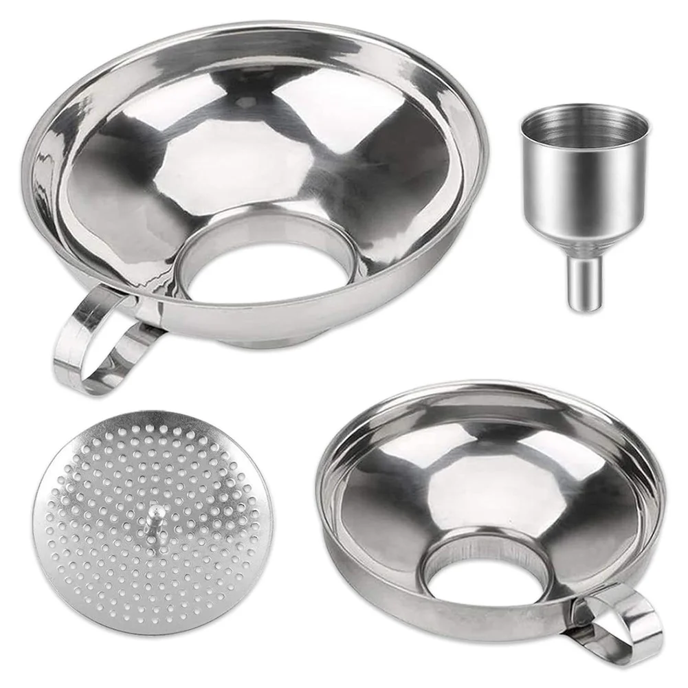 4PCS Stainless Steel Funnel Set with Nestable Design and Fine Mesh Strainer for Pouring and Preserving Applications