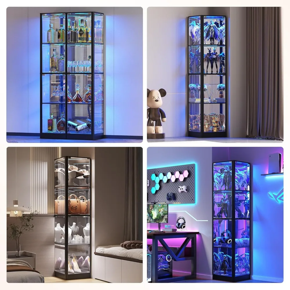 Vetrina angolare con porta in vetro illuminata, vetrina Curio da 68 pollici, ripiano in vetro a 4 livelli per oggetti da collezione, giocattoli e libri