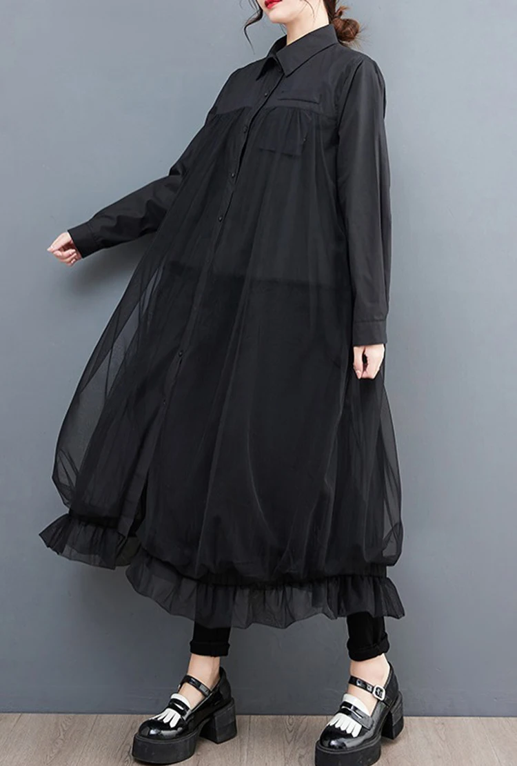 NYFS 2025 خريف جديد فضفاض حجم كبير فستان قميص عتيق رداء واحد الصدر شبكة المرقعة كم طويل فساتين حريمي