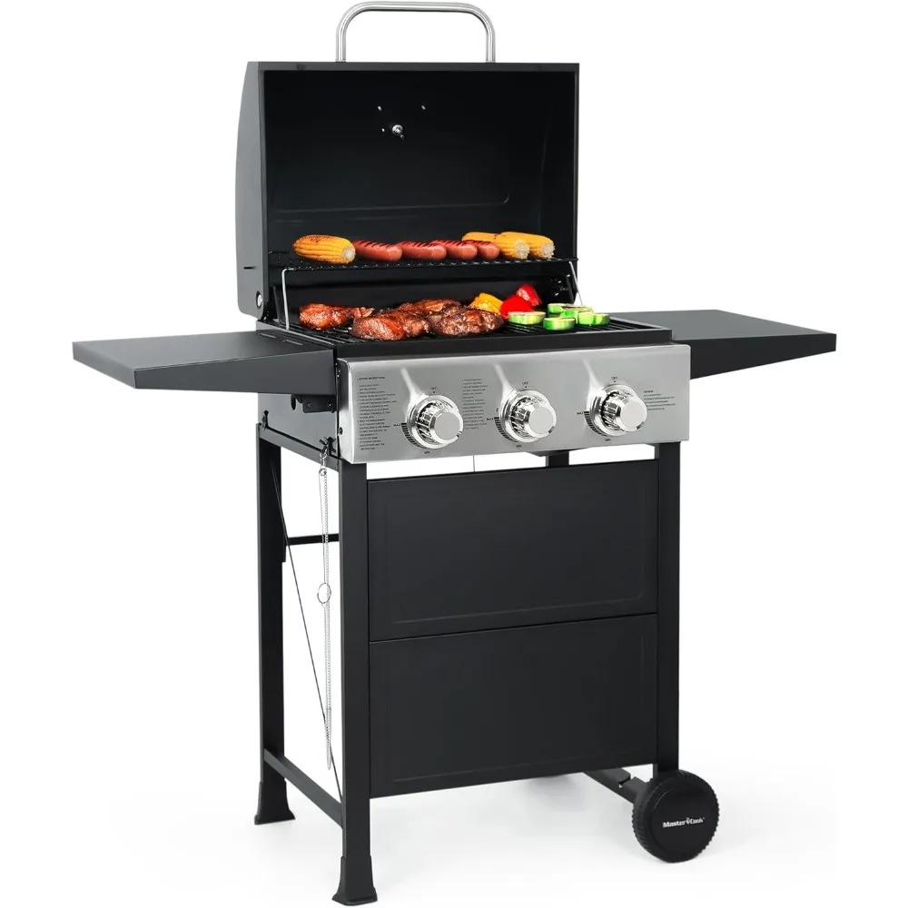 

3 Burner BBQ Propane Gas Grill, Stainless Steel 30,000 BTU Patio Garden Barbecue Grill with Two Foldable Shelves