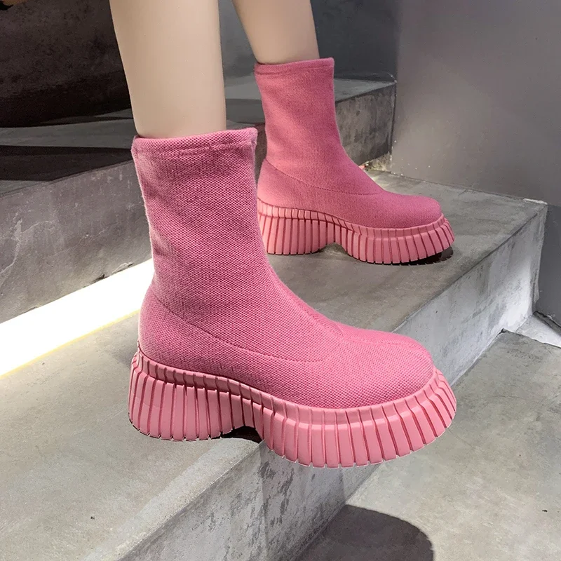 Pink Ladies Elastic Boots New Shoes Slip on Fashion Women Sock with Wedges Shoes Footwear Platform Botines Mujer Ankle Boots