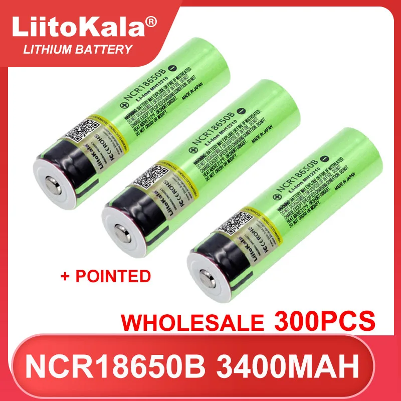 300pcs Liitokala NCR18650B 3.7v 3400mAh 18650 Lithium Rechargeable Battery with Pointed (No PCB) batteries US/EU TAX FREE