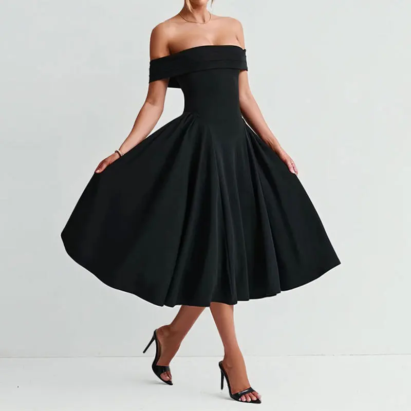 

2026 Summer New Women Fashion Off Shoulder Sexy Solid Long Dress Soft Light Breathable Chic Daily Casual Beach Outdoor Holiday