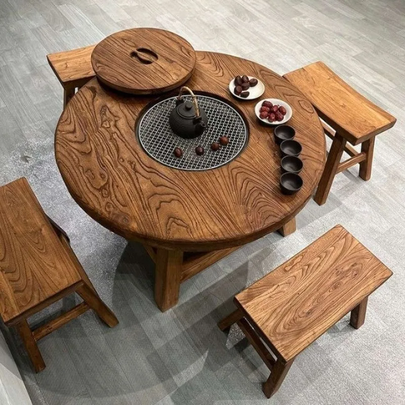 Old elm fireplace tea table autumn and winter solid wood tea table combination small bar atmosphere brewing tea table