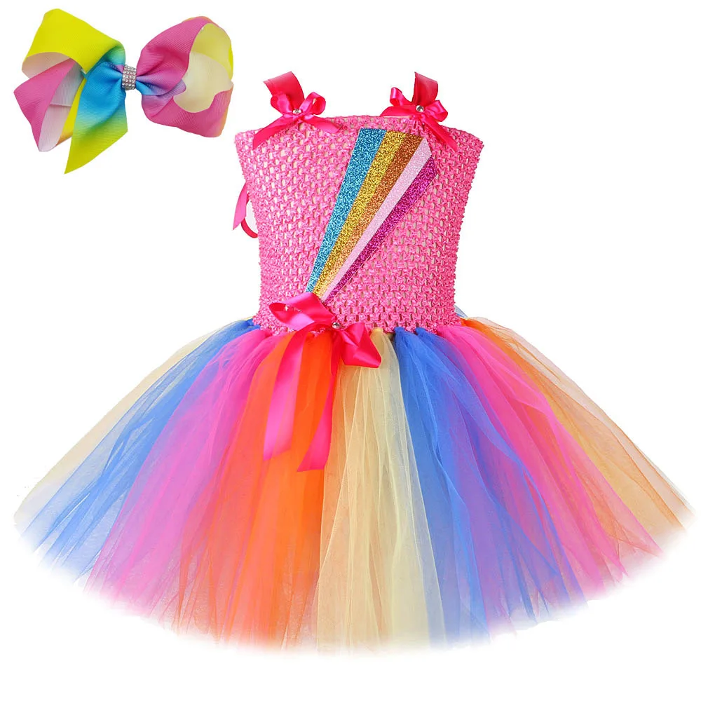 Glittery Rainbow Jojo Siwa Costumes for Girls Christmas Princess Dresses with Bow-tie Hairclip Kids Birthday Ballet Tutus Outfit