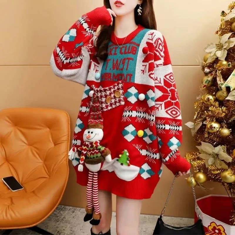 

Christmas Fashionable Temperament Best Friend Matching Sweater Loose Thick Red Winter Pullover Cozy Women's Outwear