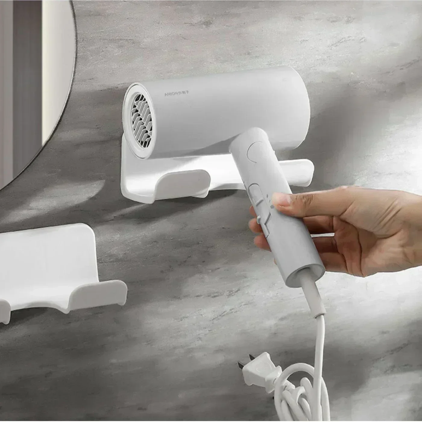 Soporte para secador de pelo montado en la pared, soporte para alisador de pelo, organizador de baño, estantes de organización de baño