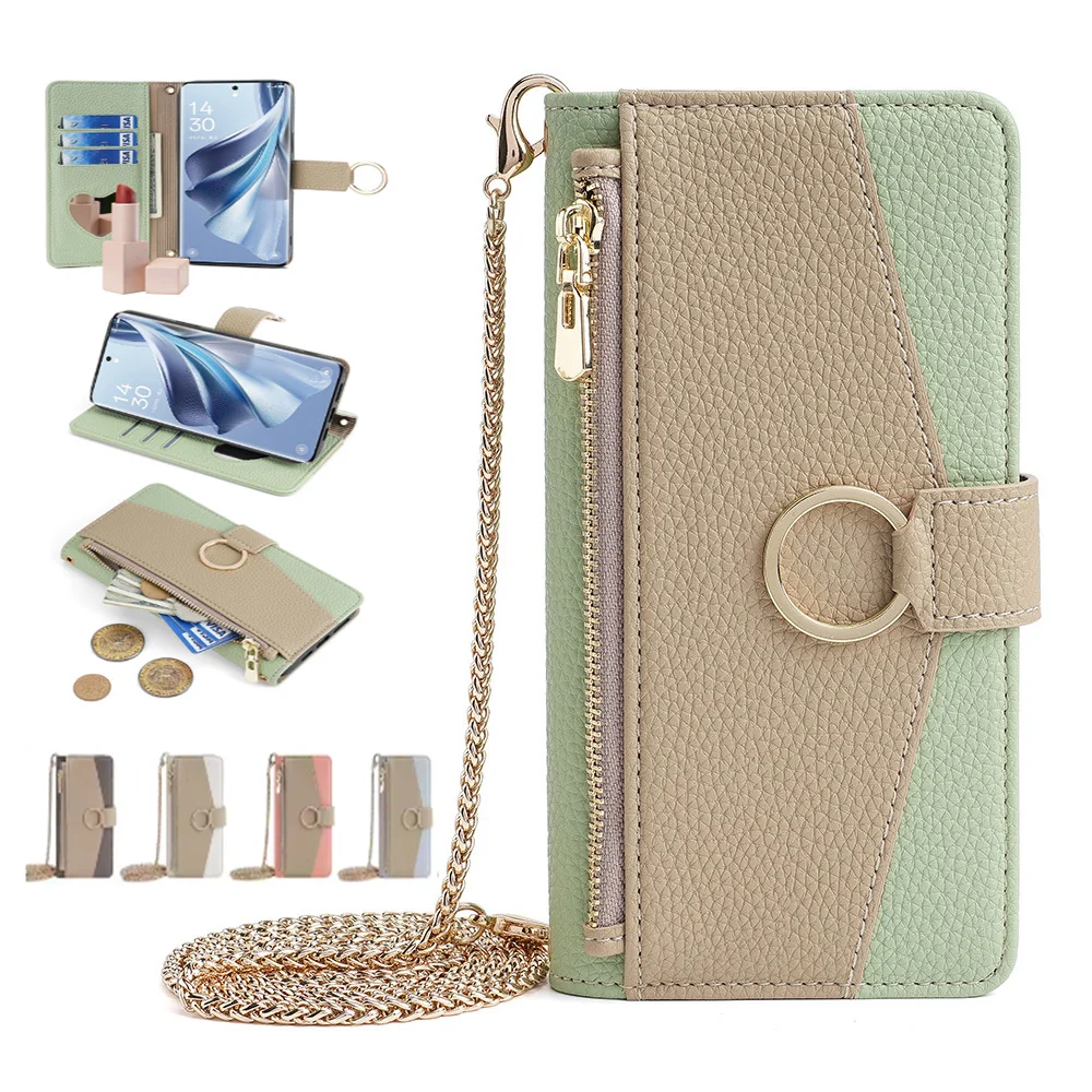 

Zipper Crossbody Case for iPhone 15 Pro Max 16 14 13 12 11 12 Mini Xs Xr X 15 Plus 14 Leather Metal Chain Ring Wallet Flip Cover