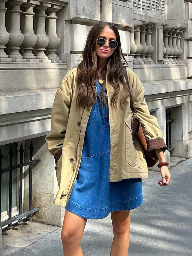 HH Female Street Single Breasted Canvas Loose Coat Autumn Woman Fashion Vintage Turndown Collar Long Sleeve Pocket Jacket