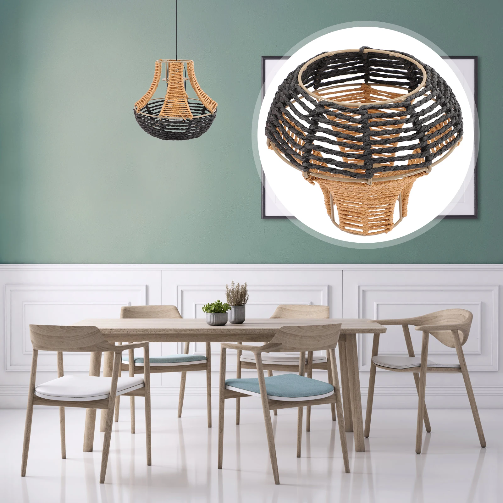 

Rattan Lamp Black Paper Rope Woven Cover Pendant Light Easy Lamp Cover Install Bedroom Study Decor Christmas Gift