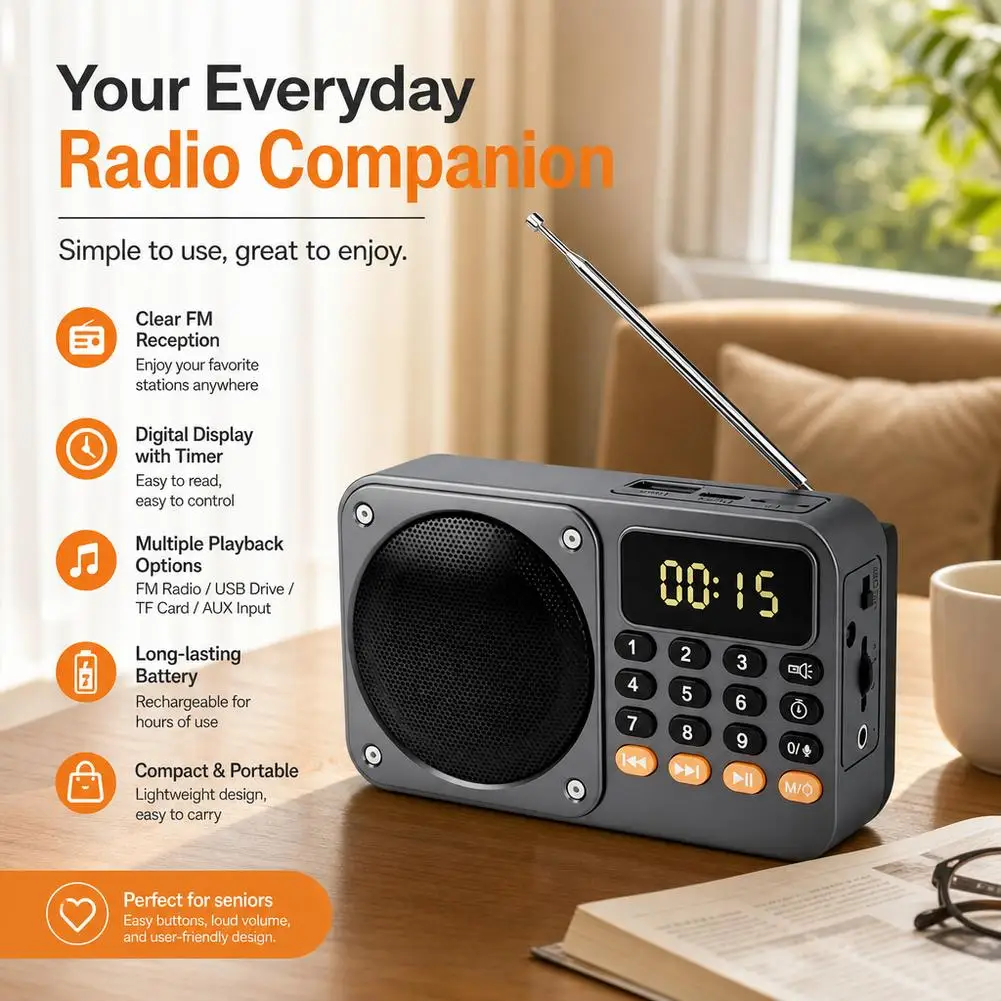 Portable FM AM Radio Bluetooth 5.0 Wireless Speaker Rechargeable Flashlight TF Card USB MP3 Music Player Elder Outdoor Emergency
