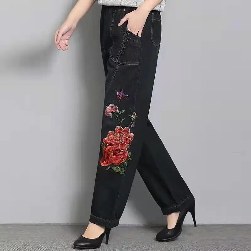 Women Clothing Vintage Embroidered Patchwork Ladies Elastic Waist Pocket Autumn Winter Thick Fashion Loose Harem Pants Straight