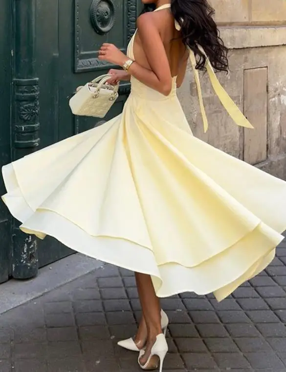 

Women's Dress 2025 Autumn/winter New Women's Fashion Elegant Solid Color Hanging Neck Collar Waist Princess Dress Women's Wear