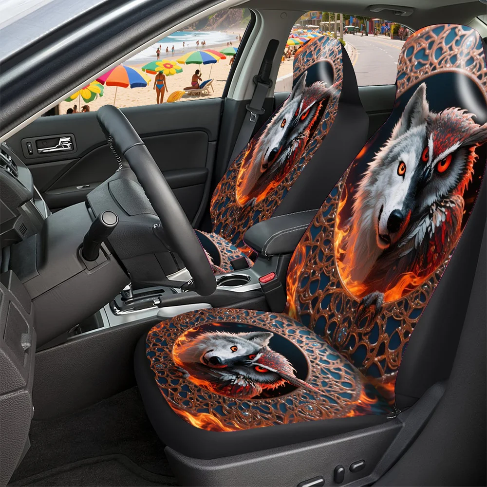 Fit SUV & Sedan Car Seat Covers Full Set - Black/Orange Wolf & Flame Print With German Shepherd Dog Design, Breathable Washable