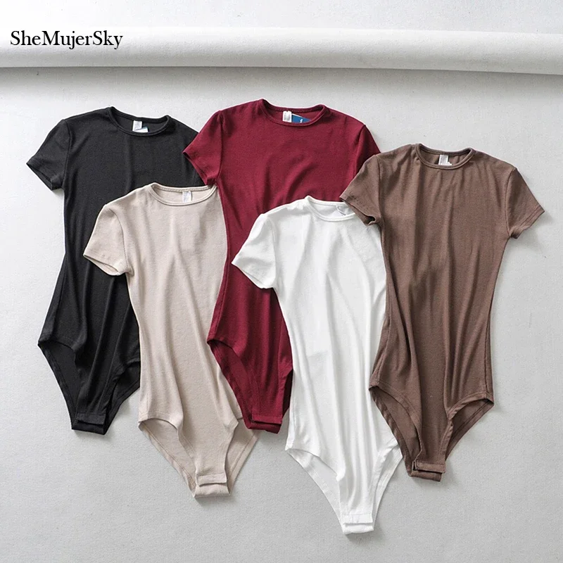 SheMujerSky O-neck Tops Bodysuit Women Elastic Short Sleeve Casual Female Bodysuits Summer Short Jumpsuit Clothes