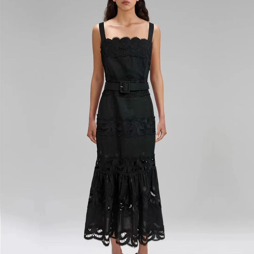 TWOTWINSTYLE Solide Aushöhlen Elegante Kleider für Frauen Square Neck Ärmellose Patchwork Spitze Kleid Weibliche Mode Kleidung Neue