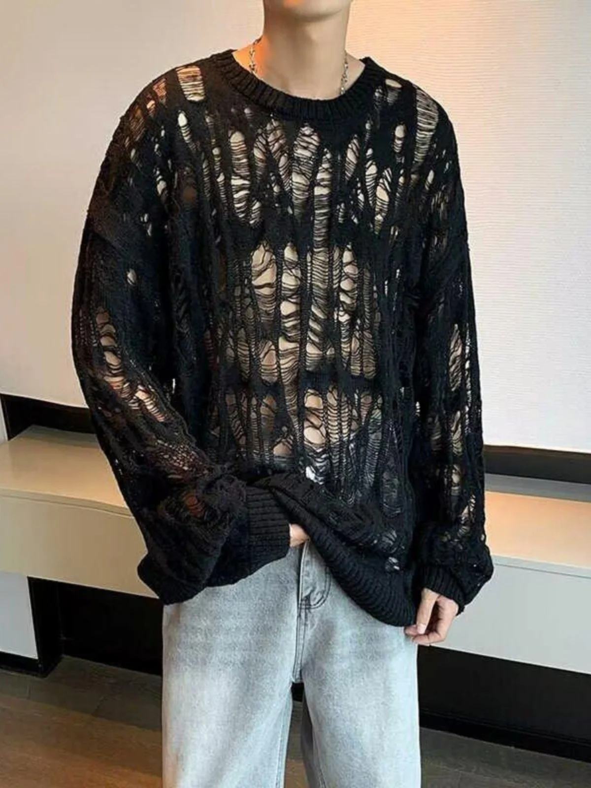 

Мужской тонкий вязаный свитер с круглым вырезом и длинными рукавами, с эффектом потертости и рваными элементами, в винтажном стиле, для ранней осени