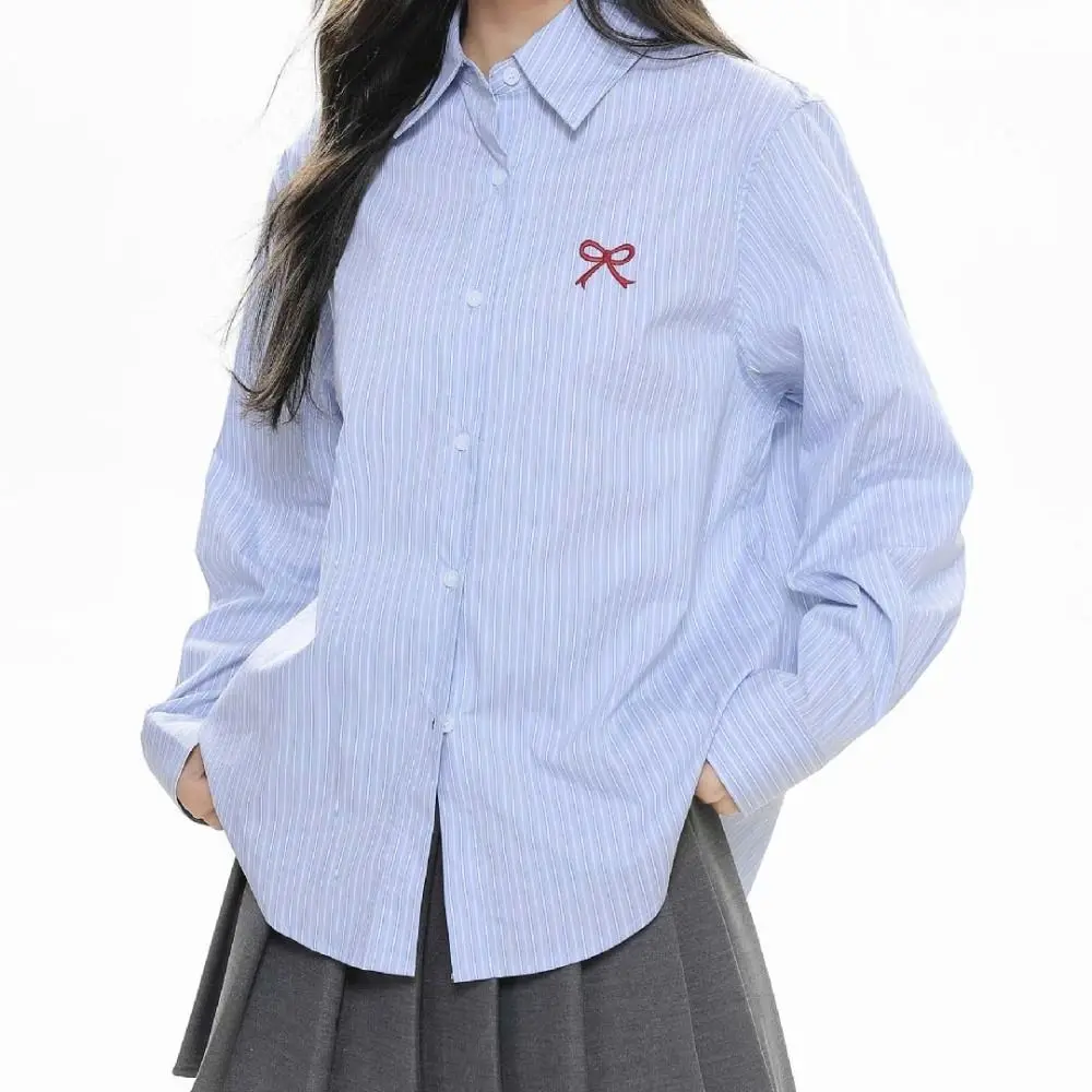 

Y2K полосатые рубашки на пуговицах с вышивкой и бантом, свободная полосатая блузка, женская весенне-осенняя блузка в консервативном стиле с длинным рукавом