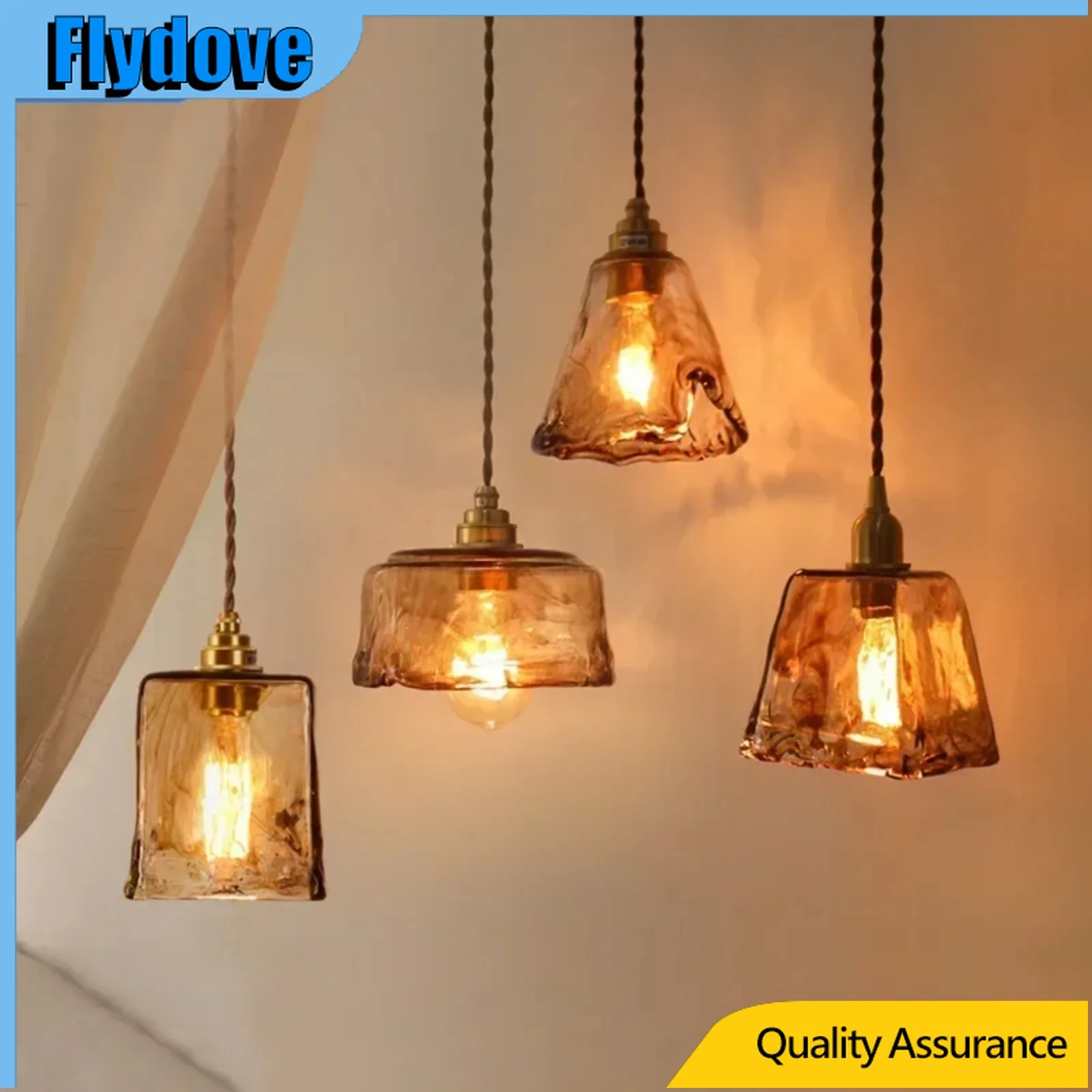 

Flydove Vintage Amber Glass Pendant Light LED E27 Kitchen Living Room Island Pendant Light Home Decoration Indoor Lighting